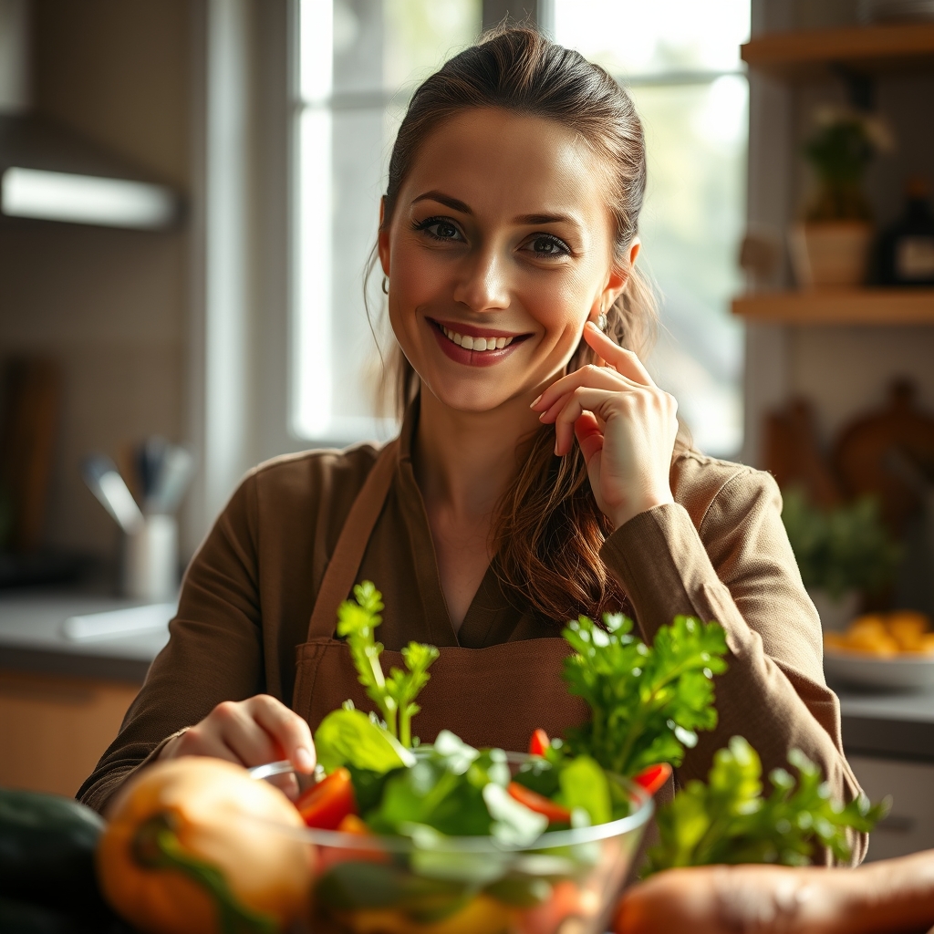 Person thoughtfully preparing a balanced meal with fresh vegetables in a home kitchen